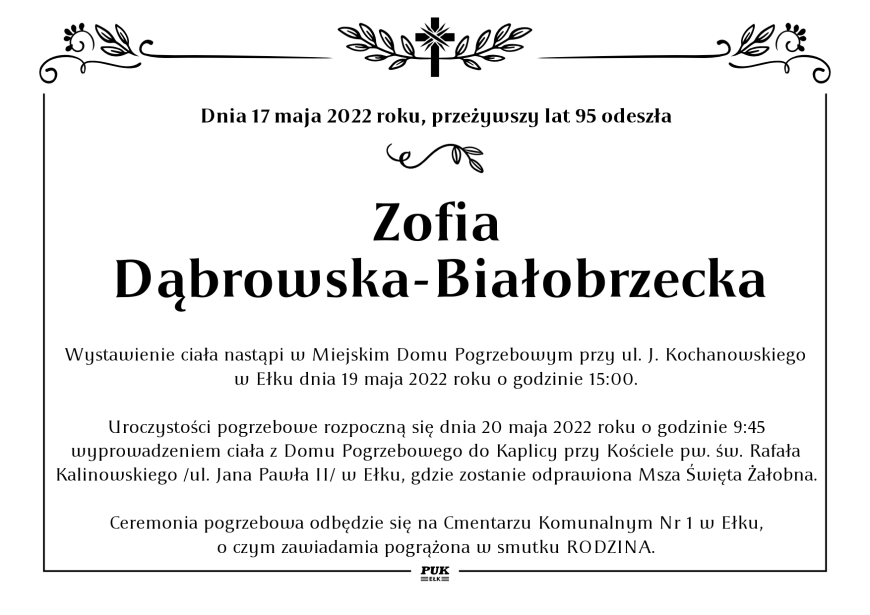Zofia Dąbrowska-Białobrzecka - nekrolog